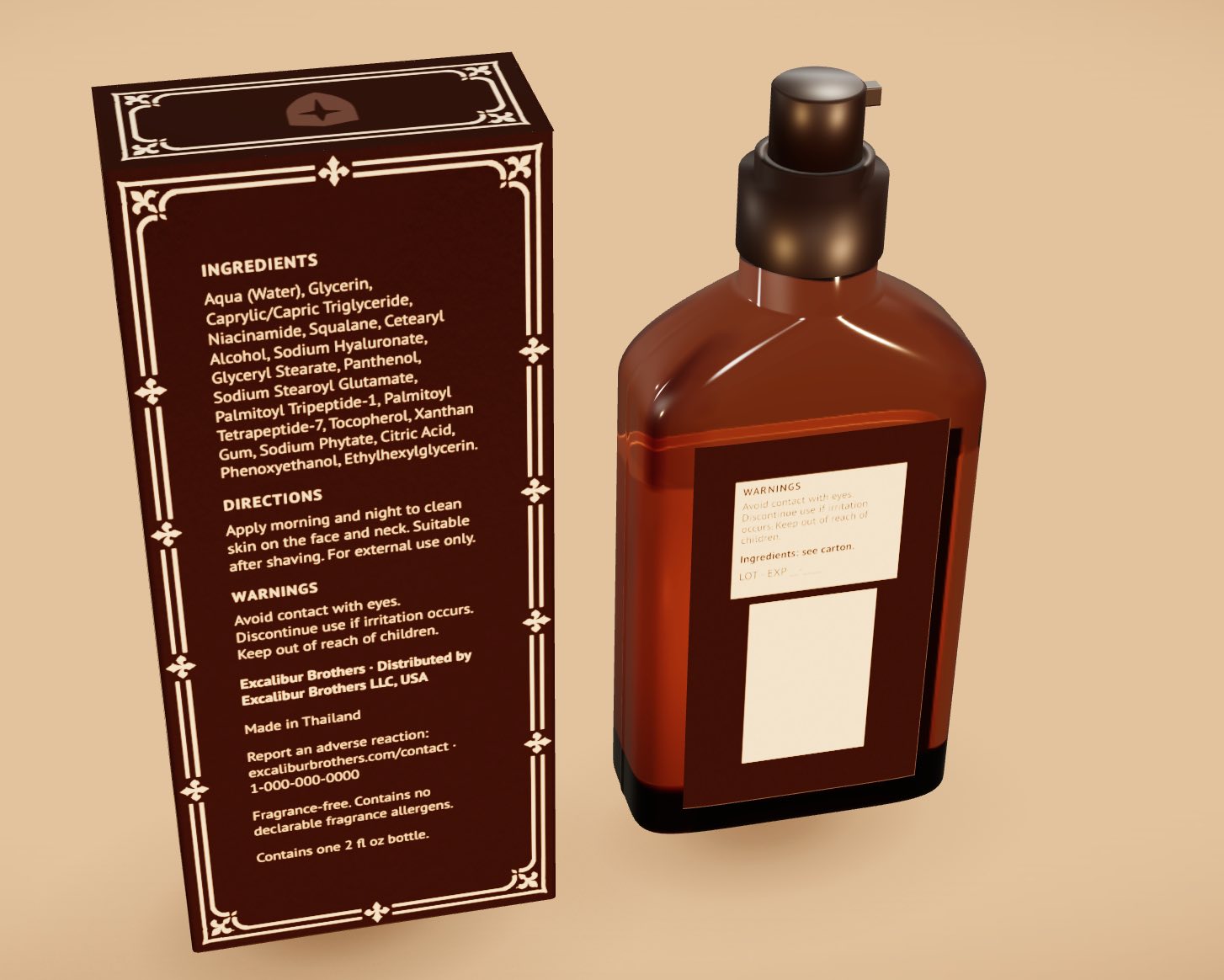 3D view of back carton panel and amber bottle with warnings label