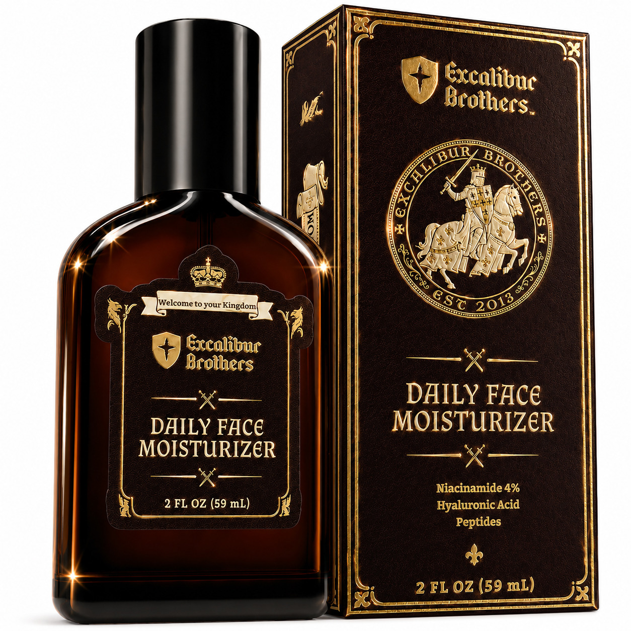 Excalibur Brothers Daily Face Moisturizer amber bottle and gold gift box