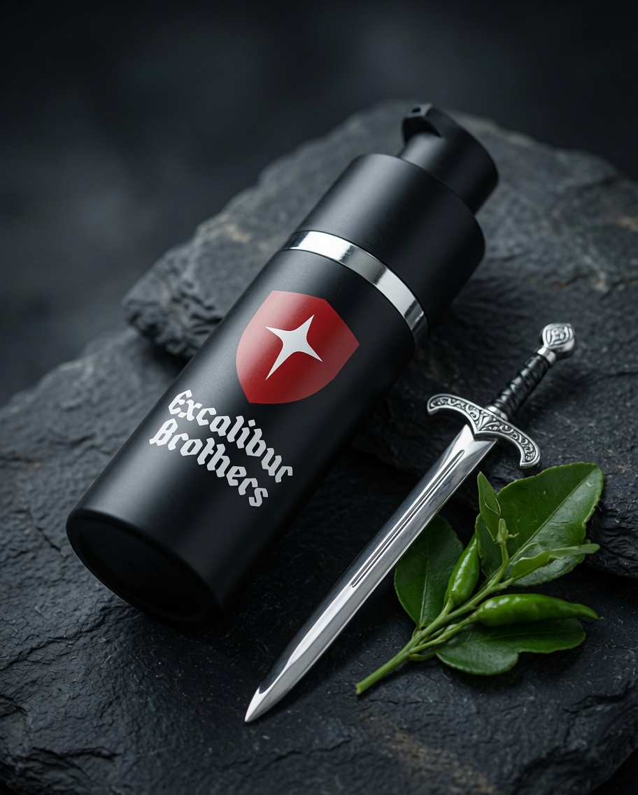 Black face moisturizer bottle with red shield logo and miniature sword prop