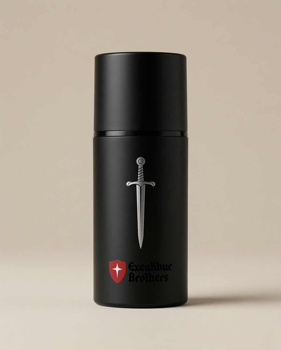 Matte black Excalibur Brothers face moisturizer bottle with silver sword mark