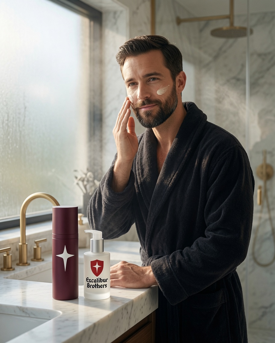 Man applying Excalibur Brothers face moisturizer in a modern bathroom
