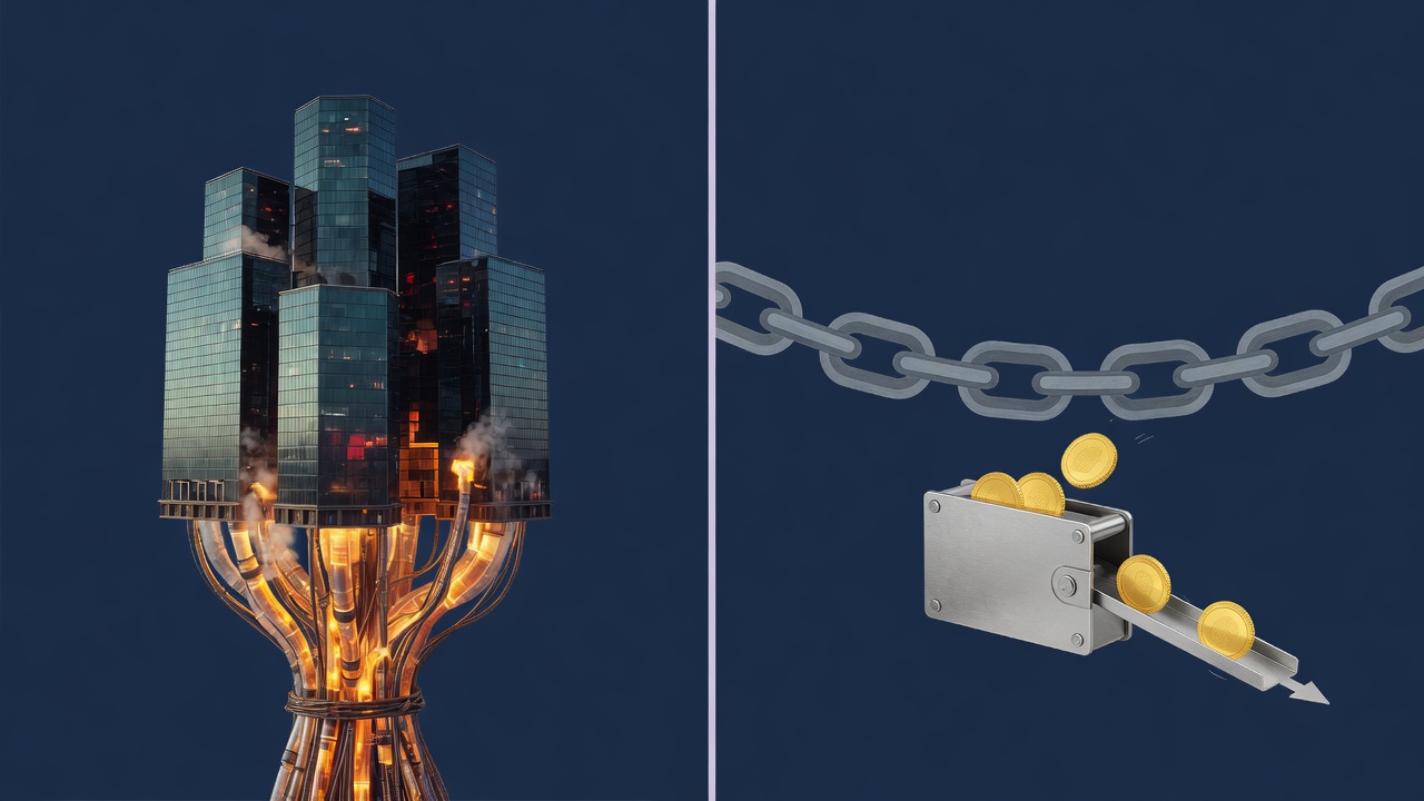 Left: bank towers sharing one glowing bundle of pipes, with several towers dark. Right: an unbroken chain, and gold coins leaving a small metal wallet down a one-way ramp.